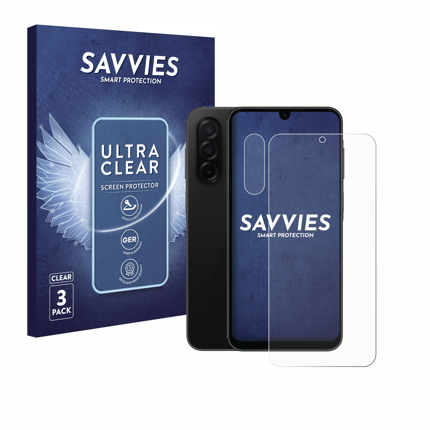 Verpackung, Telefon und Displayschutzfolie. Schwarzes Telefon, klare Displayschutzfolie.