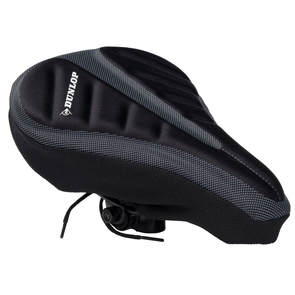 A black and gray bicycle seat cover with the word 'DUNLOP' printed on it.