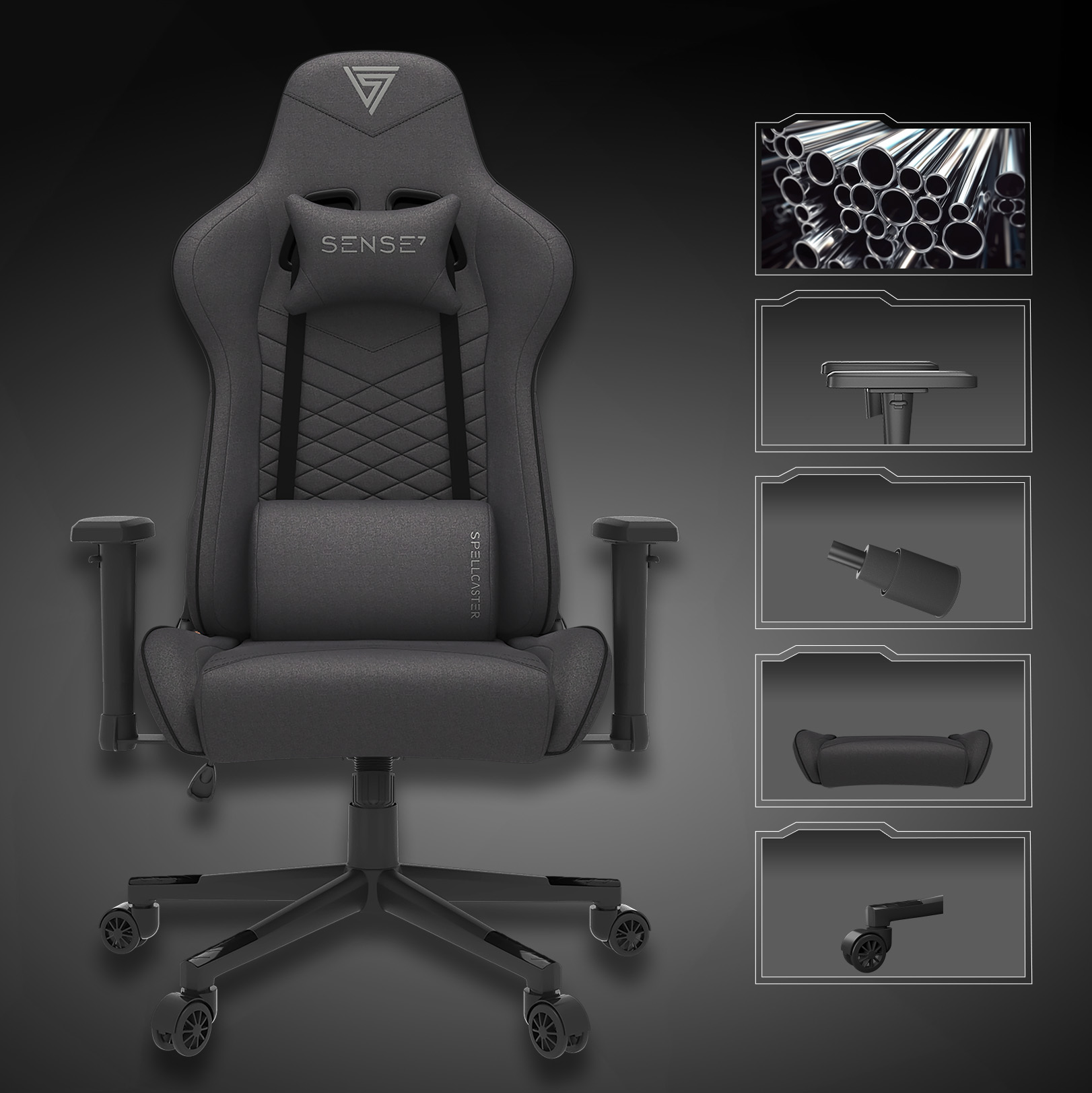 Ein Gaming-Stuhl mit Details seiner Komponenten: Armlehne, Rückenlehne, Rad und Teil mit Rohren.