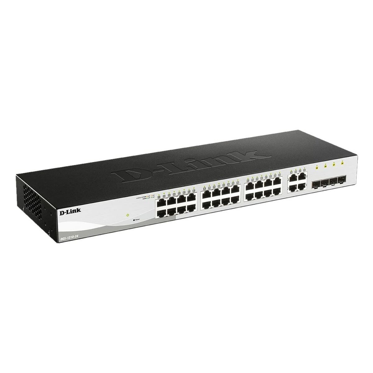 Switch D-link nero e argento con molte porte. Il logo D-link è in alto. Sfondo bianco.
