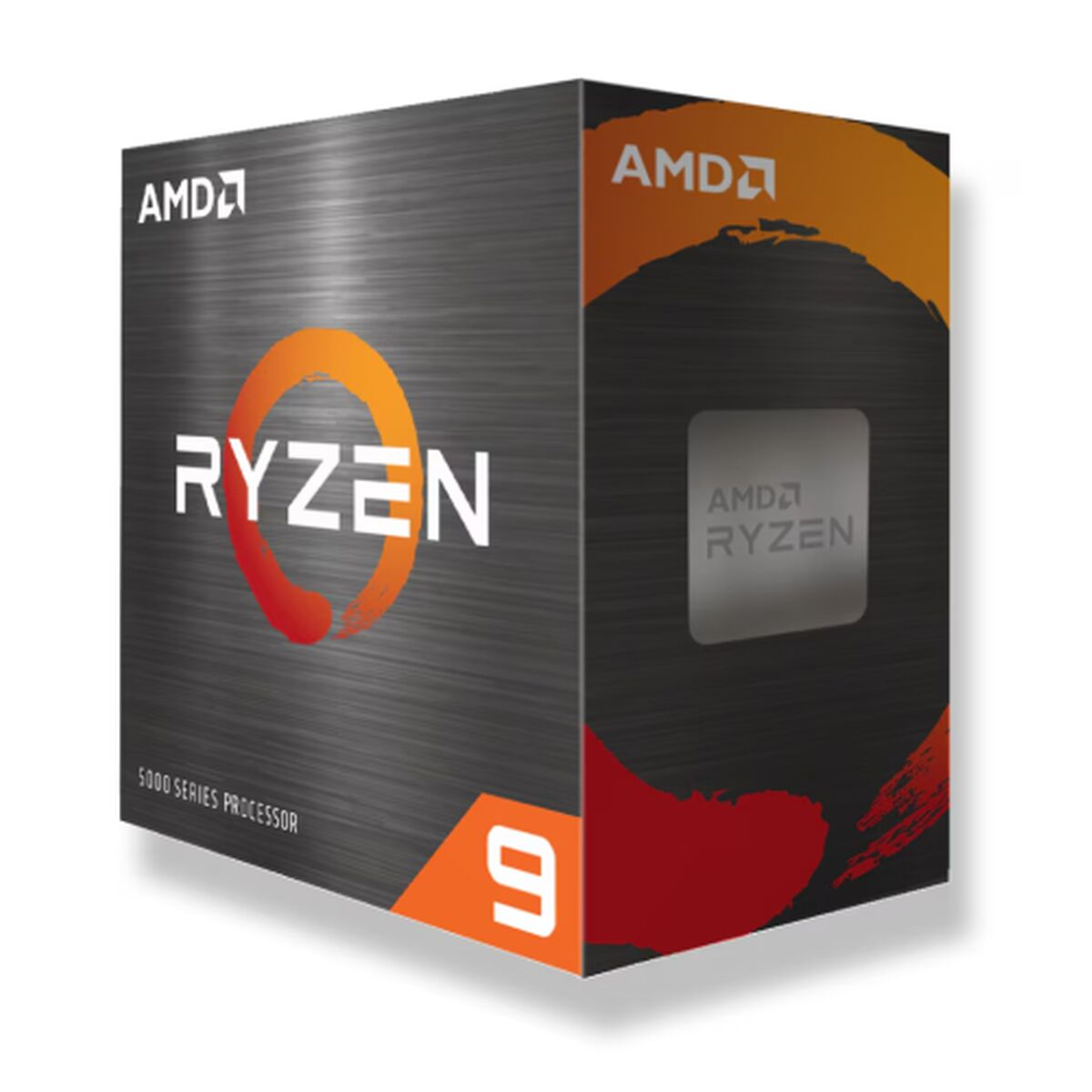 Pudełko procesora AMD Ryzen 9. Pomarańczowo-czerwone koło z logo Ryzen. Białe tło.