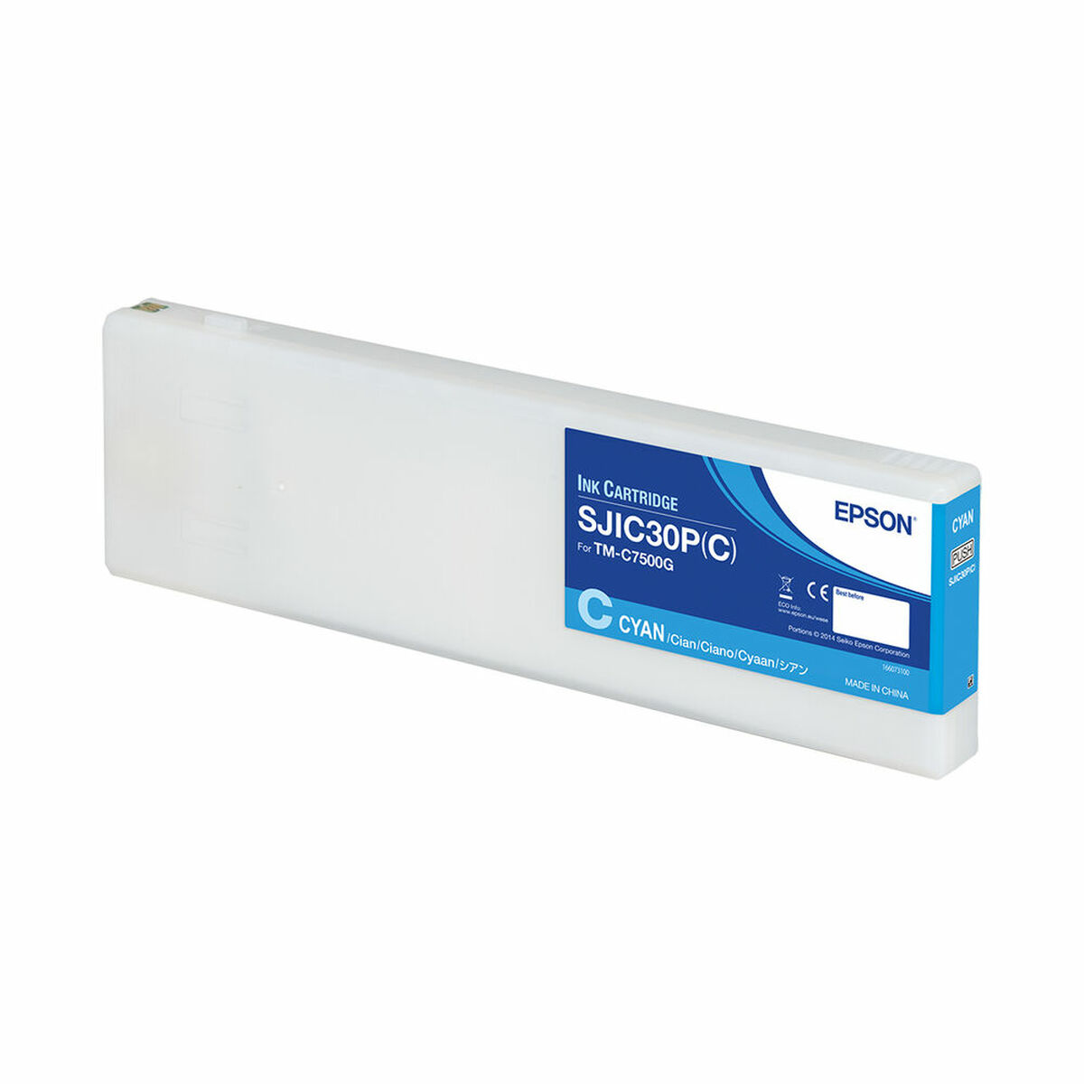 Epson cyaan inktcartridge. Witte container met blauwe en cyaan etiketten. Gemaakt in China.