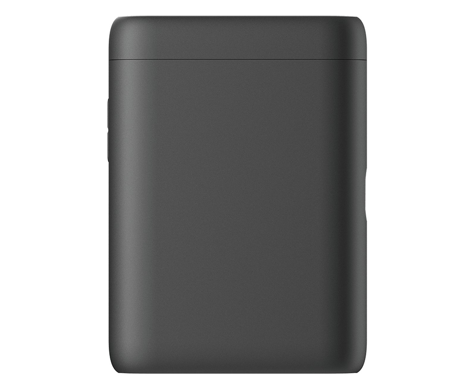 Prostokątne czarne urządzenie. Ma jednolity, matowy czarny kolor i gładkie krawędzie.