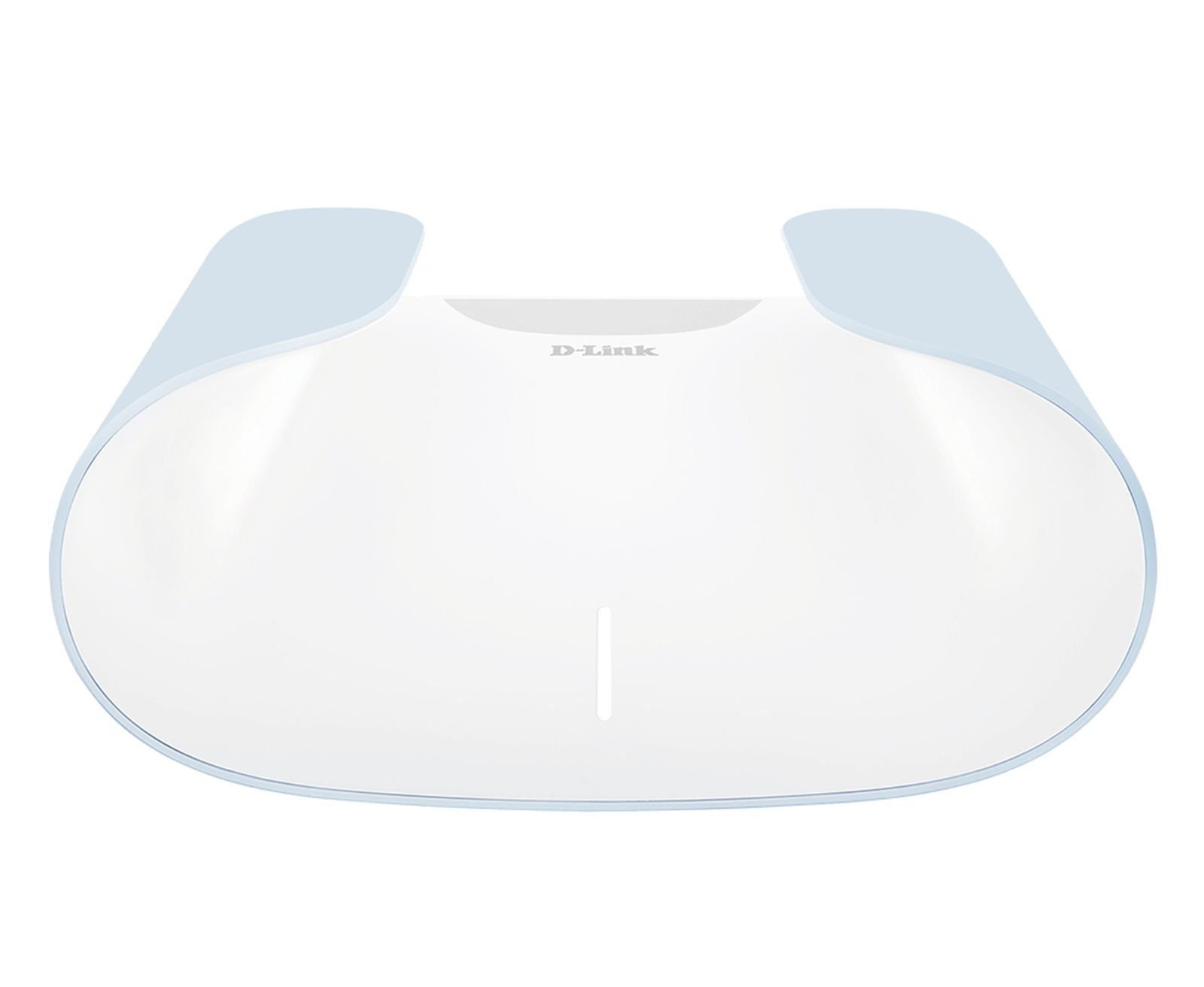 Biały i jasnoniebieski router D-Link, z białą podstawą i niebieskim, zakrzywionym wierzchem.