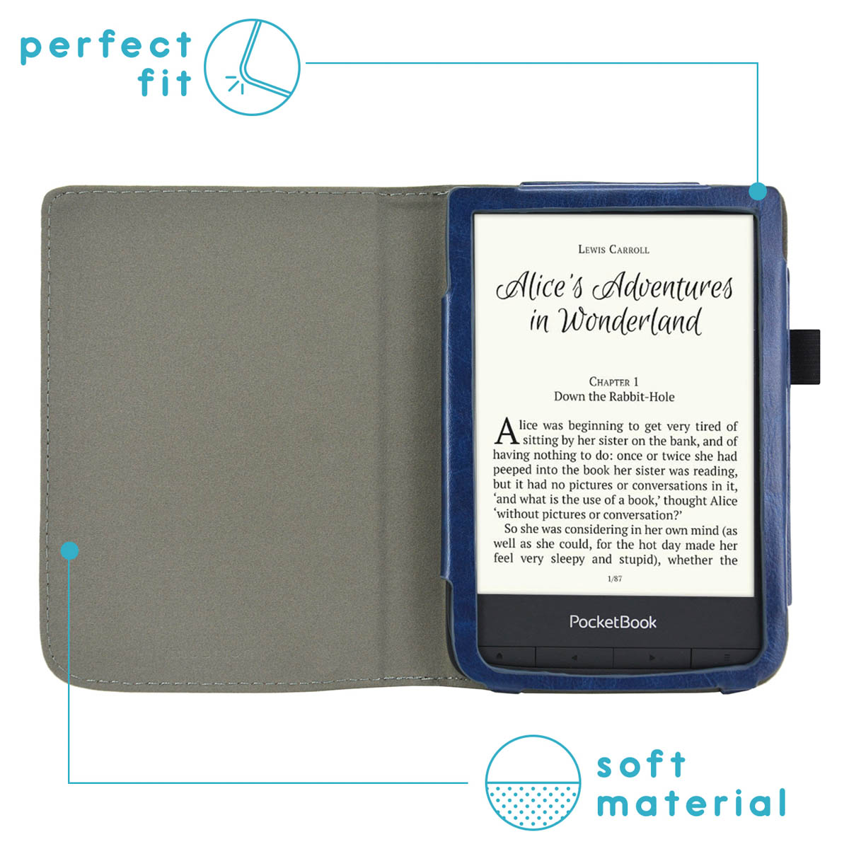 Een open blauwe ebook-omslag toont 'Alice in Wonderland', met een label van zacht materiaal.