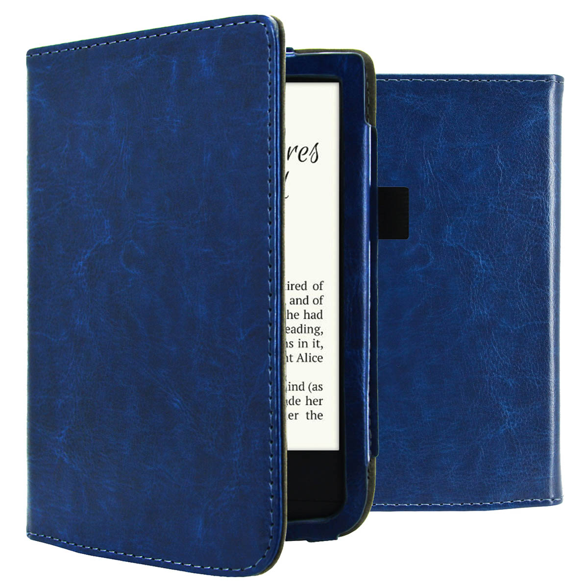 Blauwe leren ebook-hoes, open om de ebook te laten zien. De ebook toont tekst. Achtergrond is wit.