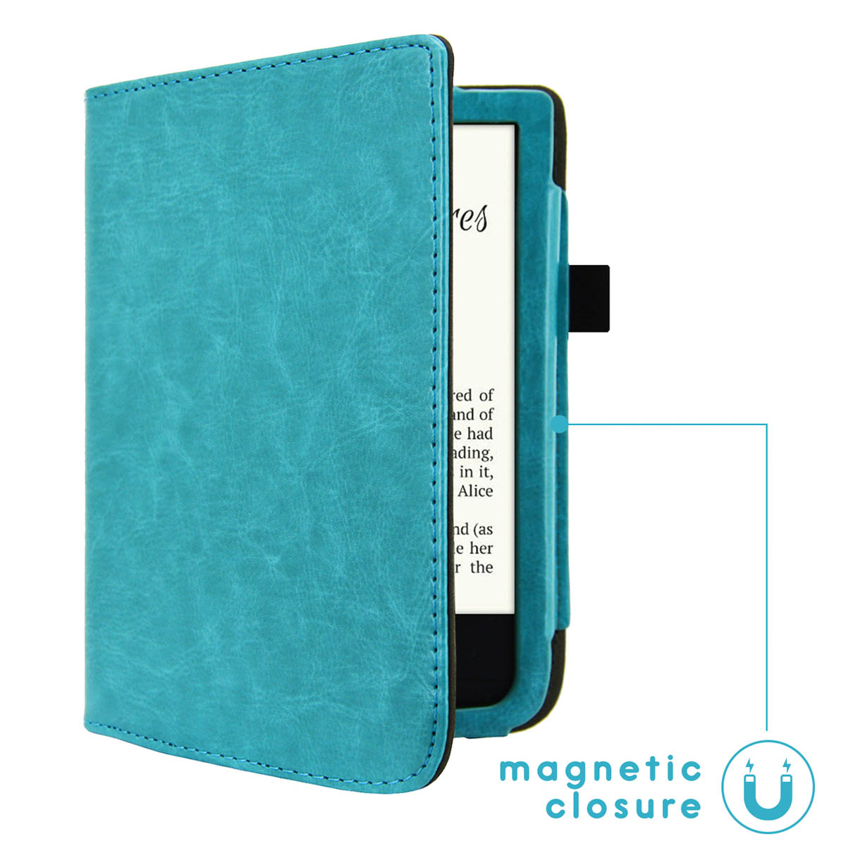 Turquoise e-reader hoesje open, met e-reader erin. Magnetische sluitingsafbeelding.