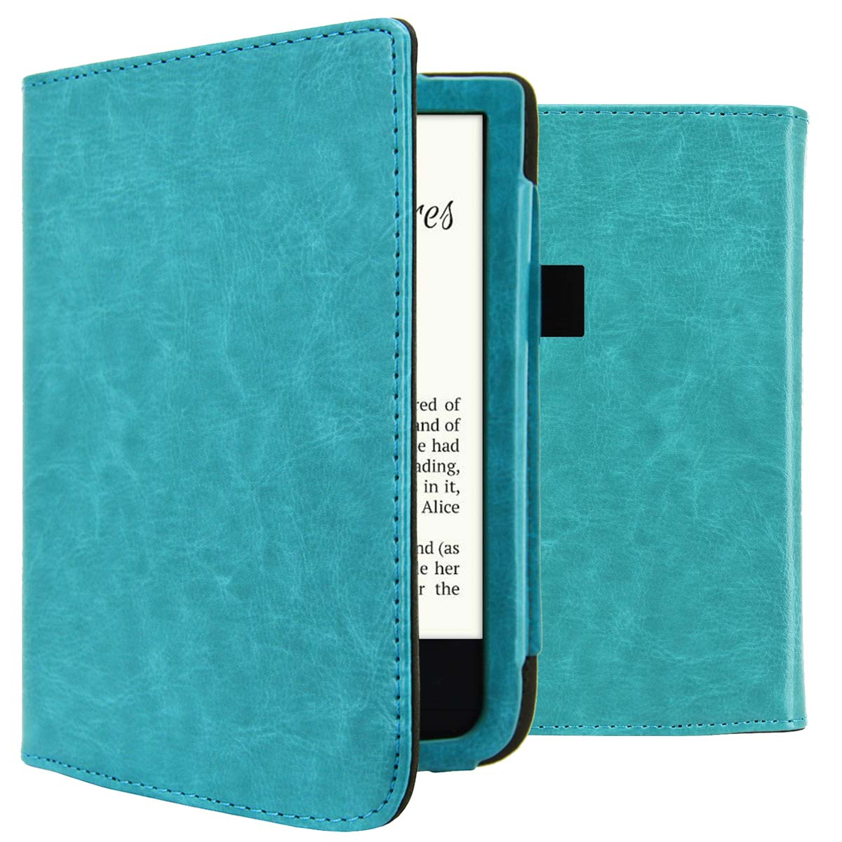 Turquoise Kindle-hoes, open, met de e-reader. Achterkant is ook zichtbaar.