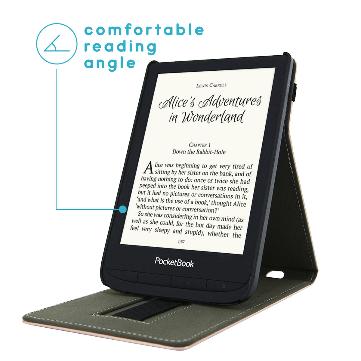 Liseuse électronique noire ouverte sur un support, montrant le texte d'un livre. L'angle est marqué 'lecture confortable'.