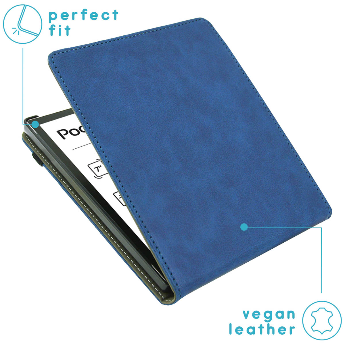 Een blauwe tablethoes met een tablet erin. Tekst en een leersymbool zijn zichtbaar.