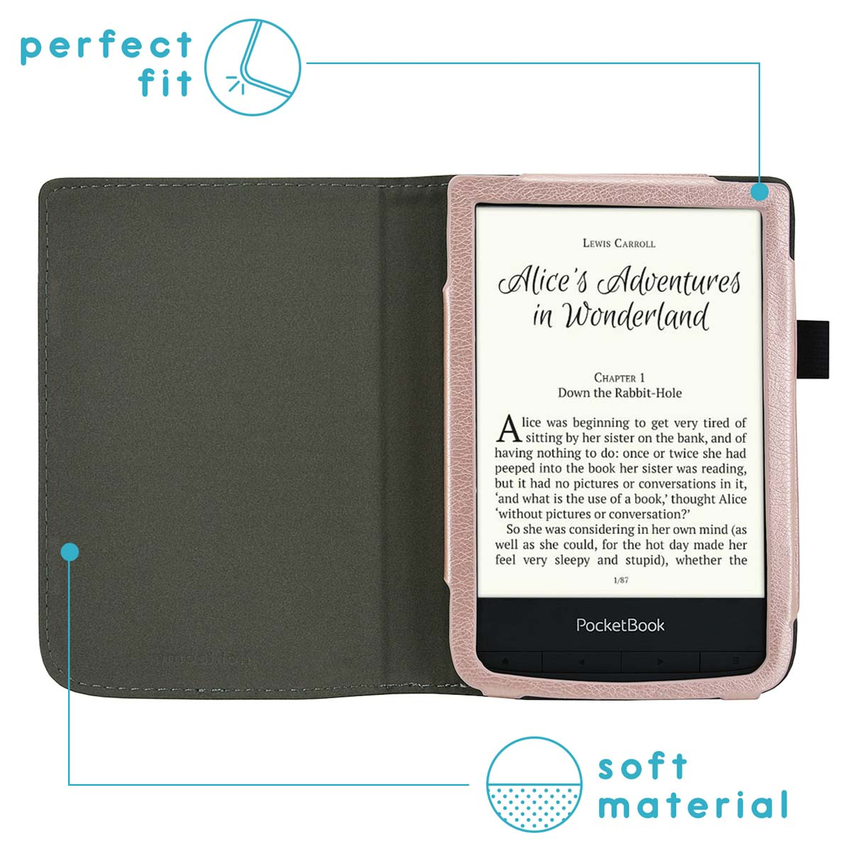 E-reader in een roze hoes, open. Tekst uit Alice in Wonderland zichtbaar. Achtergrond: grijs en wit.