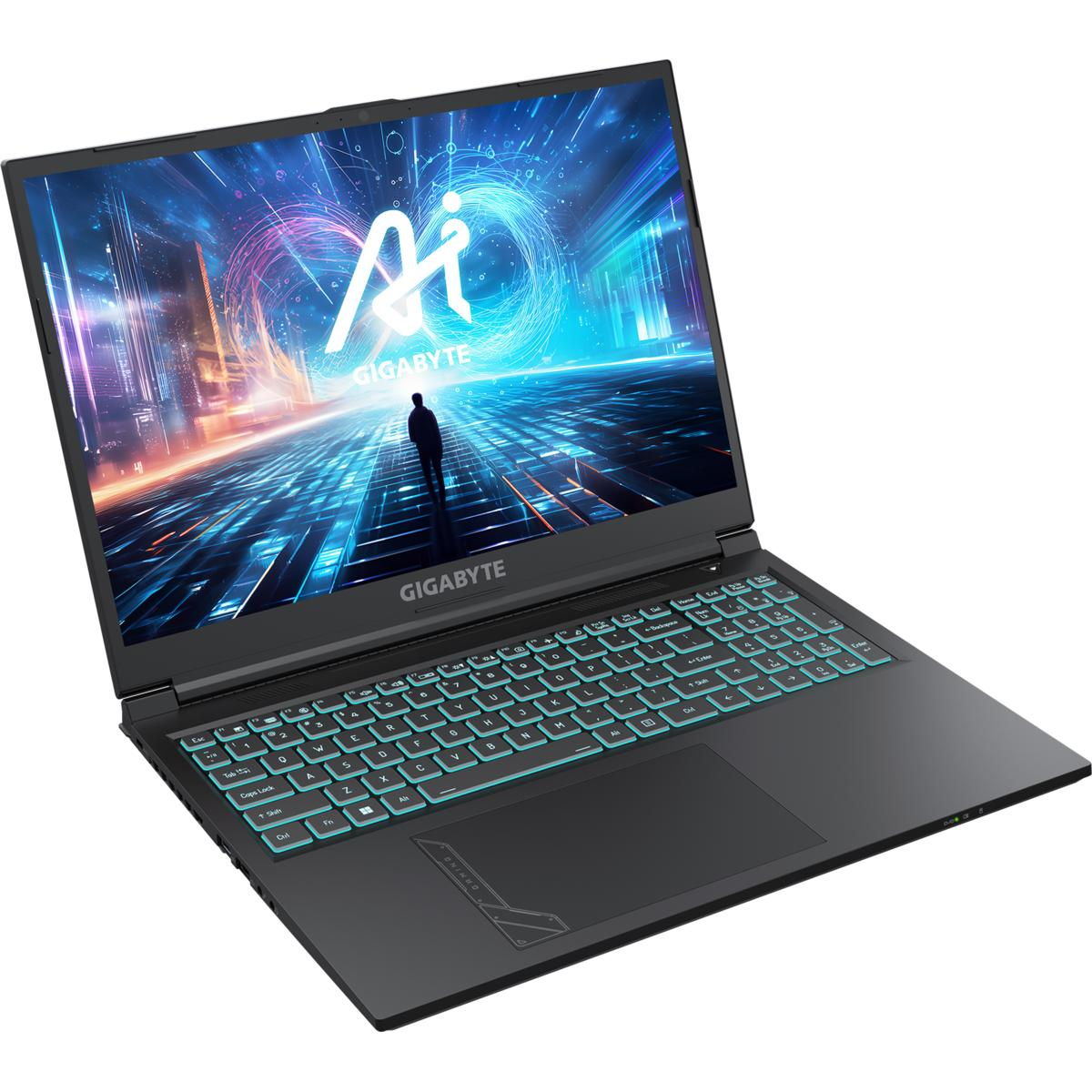 Ein moderner Gaming-Laptop ist geöffnet und zeigt ein lebendiges Display mit einer digitalen Stadtlandschaft und einer silhouettierten Figur.