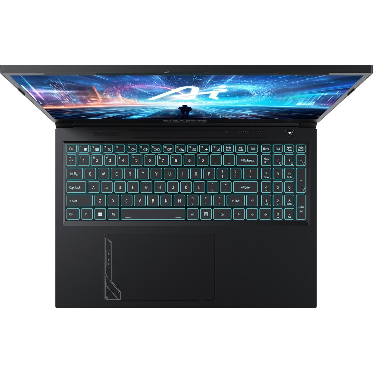 Eine Draufsicht auf einen geöffneten Gaming-Laptop, der seine Tastatur und seinen Bildschirm mit einem Stadtlandschaftshintergrund zeigt.