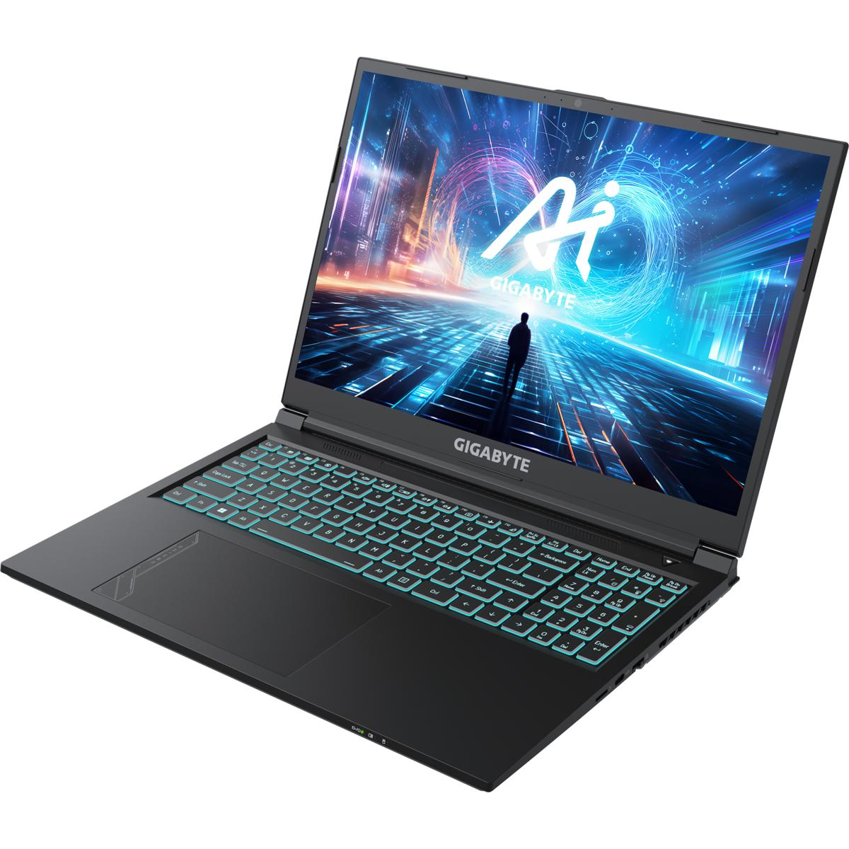 Ein Gigabyte-Laptop ist geöffnet und zeigt einen bunten Bildschirm. Es hat eine beleuchtete Tastatur und steht auf einer schwarzen Oberfläche.