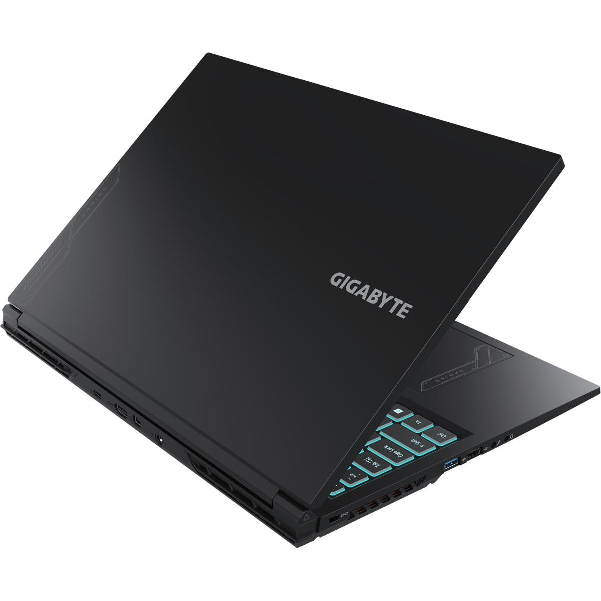 Ein Gigabyte-Laptop ist schwarz und teilweise geöffnet. Die Tastatur ist beleuchtet und die Oberfläche ist schwarz.