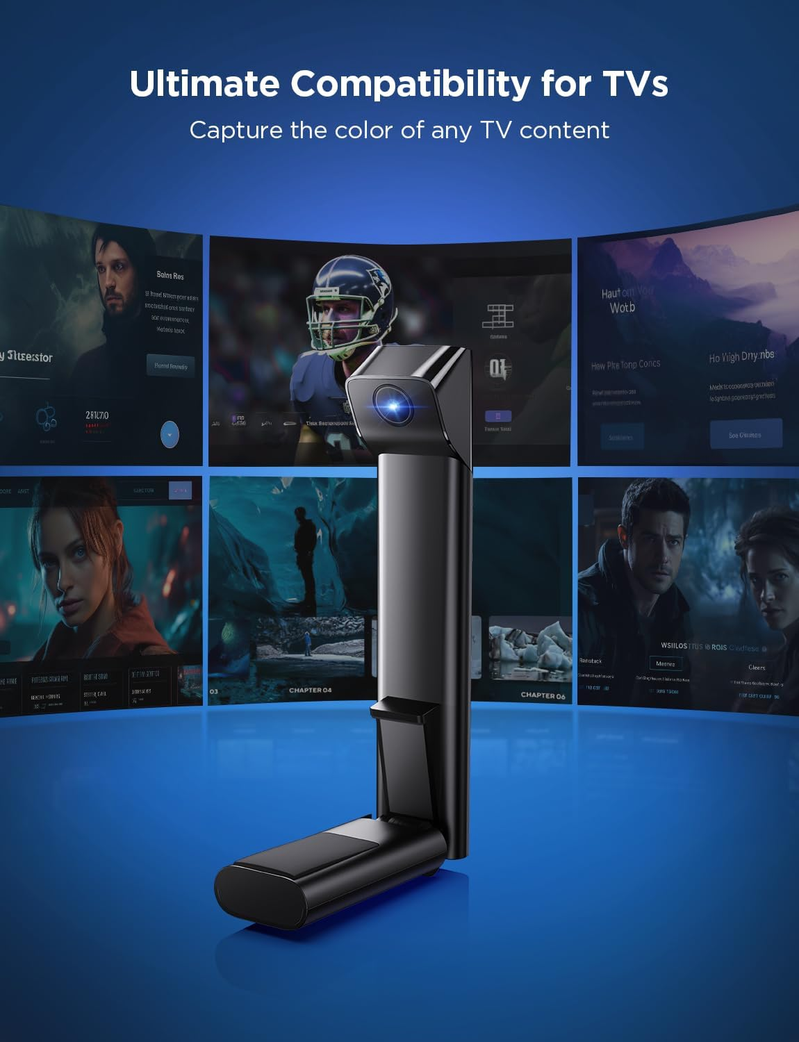 Czarne urządzenie do telewizorów, z wieloma ekranami wyświetlającymi zawartość, na niebieskim tle.