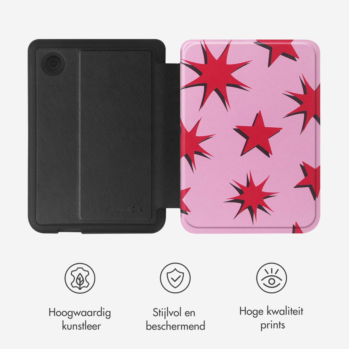 Housse de tablette rose avec motif d'étoiles rouges, ouverte pour révéler la tablette et le texte.