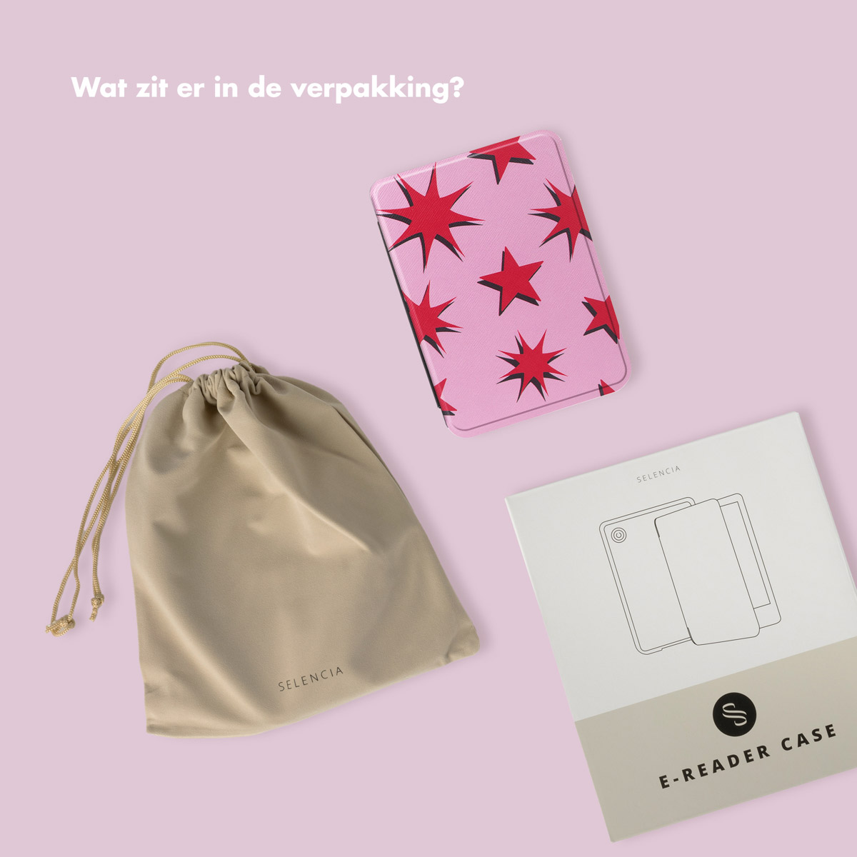 Un étui de téléphone rose avec des étoiles rouges, un petit sac beige et une brochure blanche.