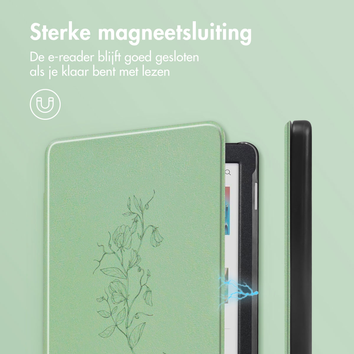 Groene e-reader cover met bloemenontwerp en magnetische sluiting. De zijkant van de e-reader is ook zichtbaar.