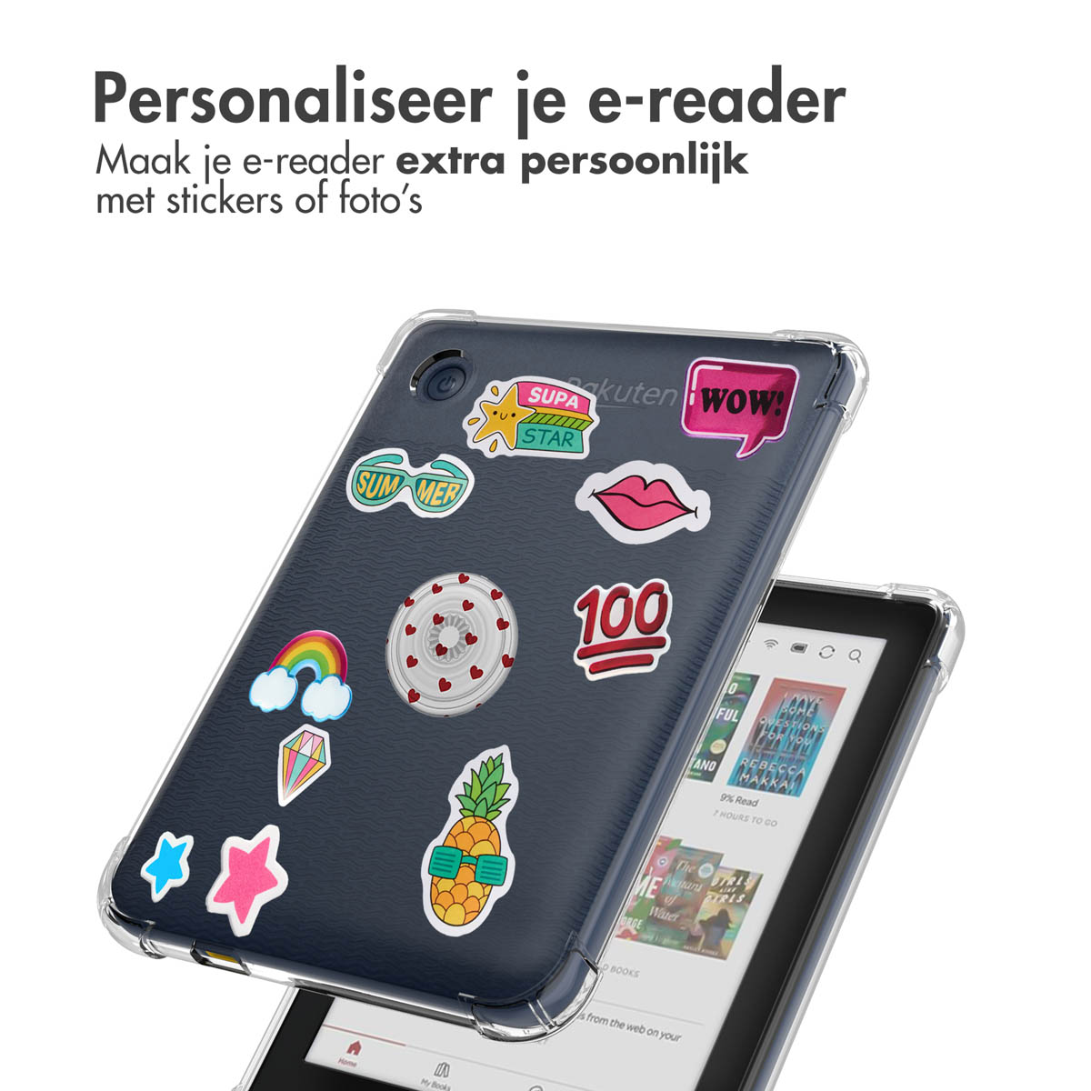 A tablet with stickers on the back, showing a colorful display of personalization.