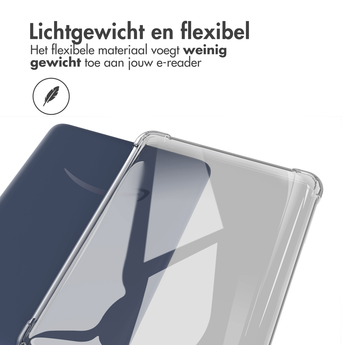 Un étui de tablette transparent sur un appareil bleu foncé. Le texte indique 'Léger et flexible' en néerlandais.