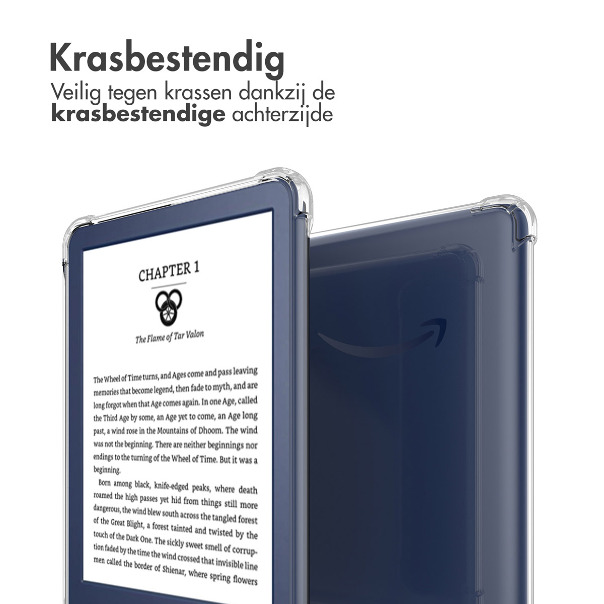 Kindle avec une coque de protection transparente, affichant du texte à l'écran.
