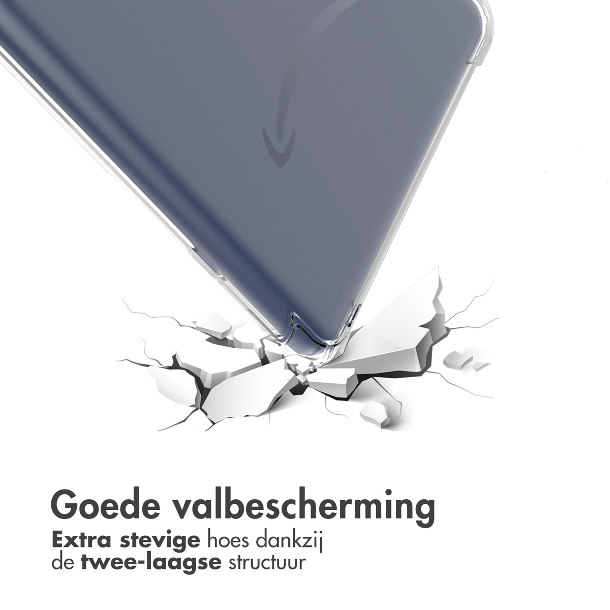 Une tablette et une coque de protection, montrant la capacité de la coque à absorber l'impact d'une chute.