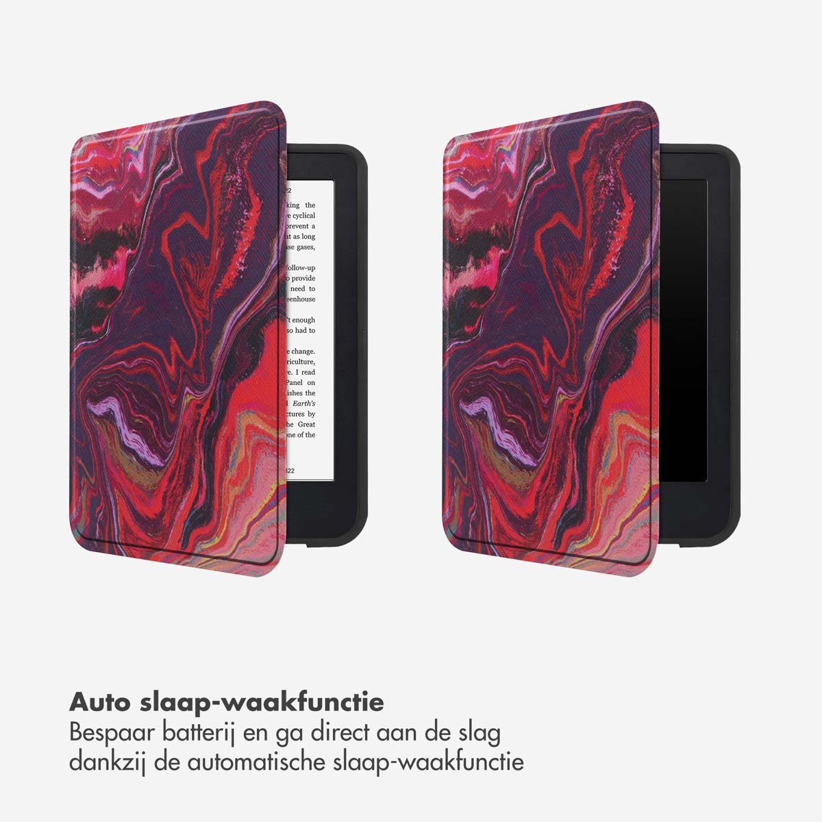 Liseuse électronique avec une housse montrant un motif marbré rouge et violet. L'écran affiche du texte.