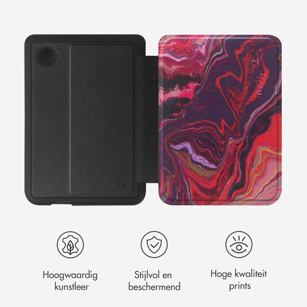 Un étui pour tablette avec un motif marbré. Il est ouvert pour révéler la tablette.