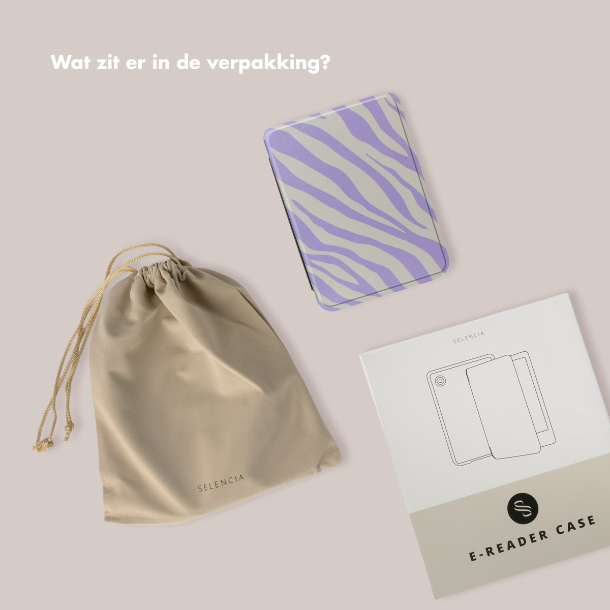 Une pochette beige, une boîte blanche ouverte avec un dessin de téléphone et une coque de téléphone à motif zébré.