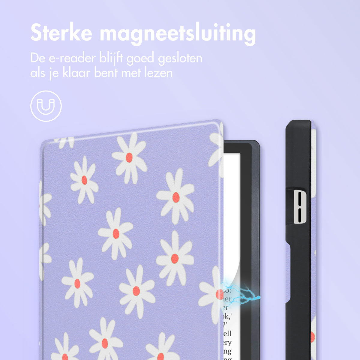 Een e-reader hoesje met een madeliefjespatroon. De e-reader zit in de hoes.