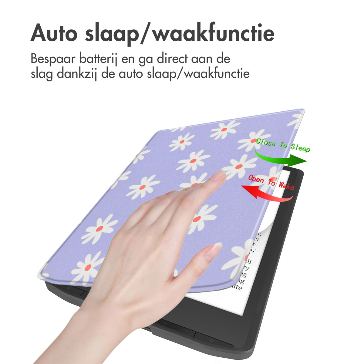 Hand opent een tablet hoes. De hoes heeft een bloemenpatroon. Tekst: auto sleep/wake functie.