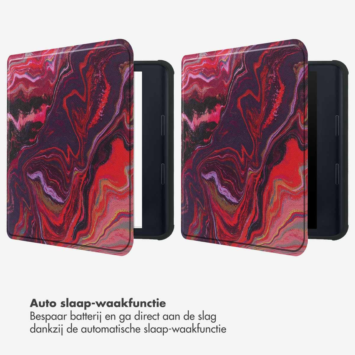 Deux étuis de liseuse avec un design abstrait coloré, ouverts et fermés.
