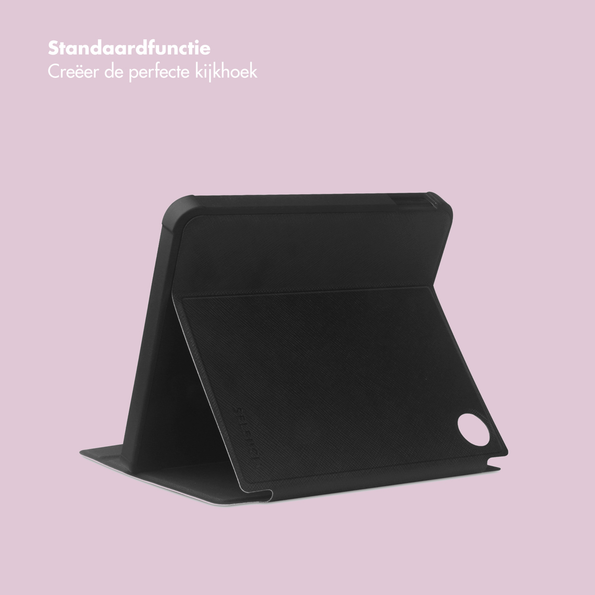 Housse de tablette noire avec fonction support. Fond rose.