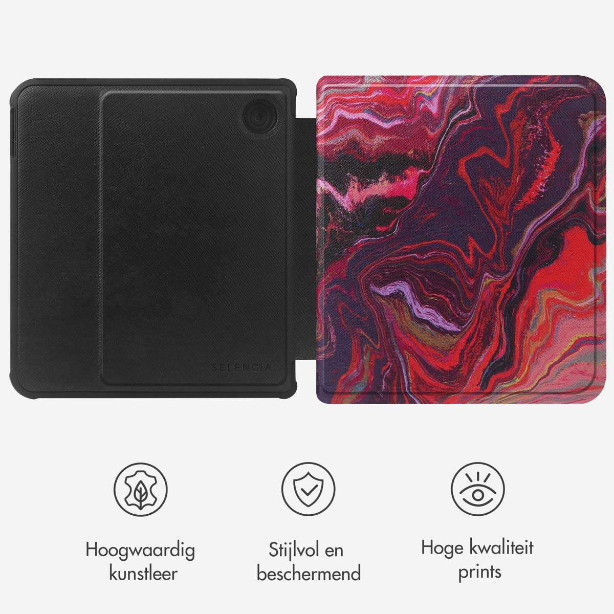 Un étui pour tablette, un côté ouvert montrant un motif de marbre rouge et violet.