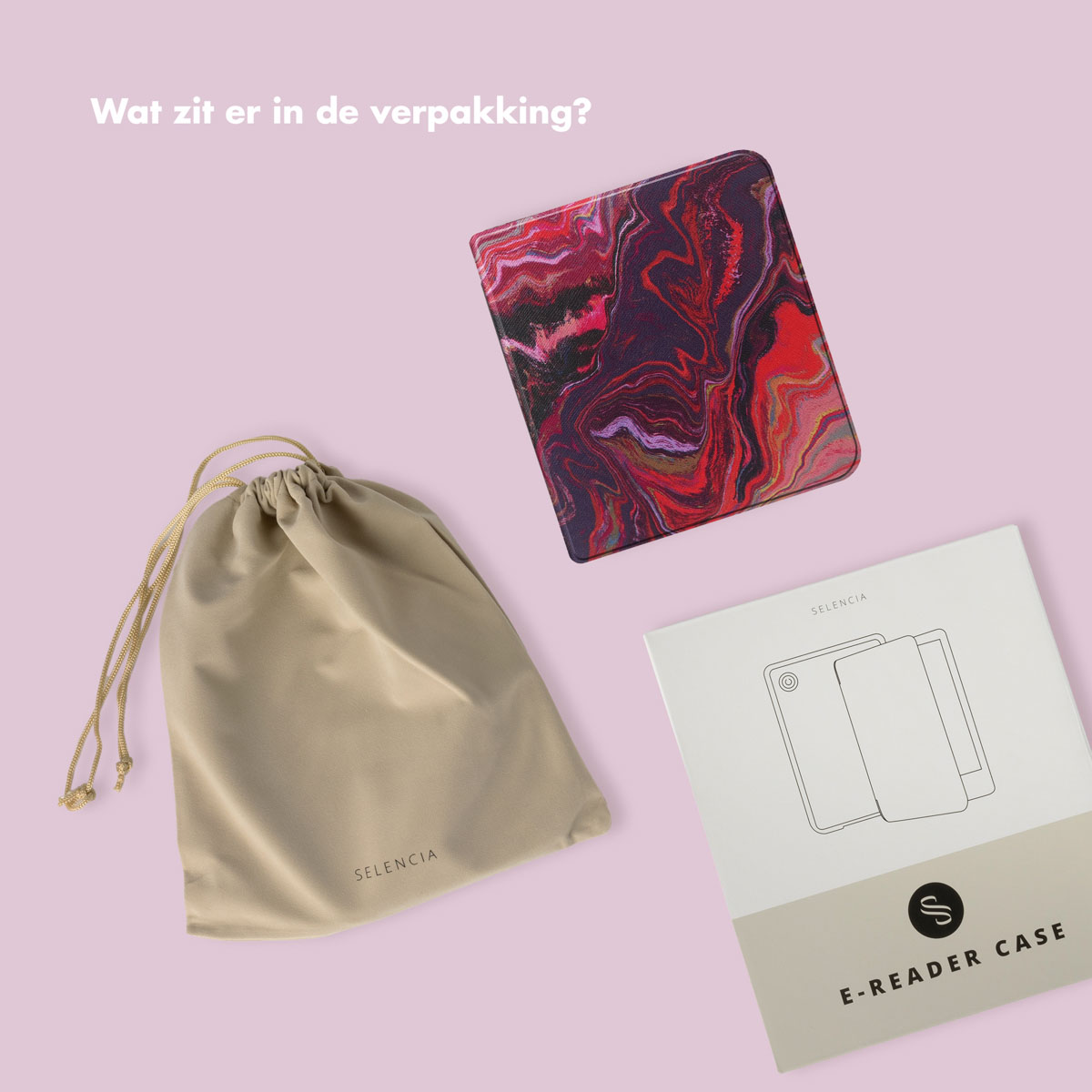 Sac cadeau, étui pour liseuse et liseuse couverte sur fond rose. Boîte blanche.