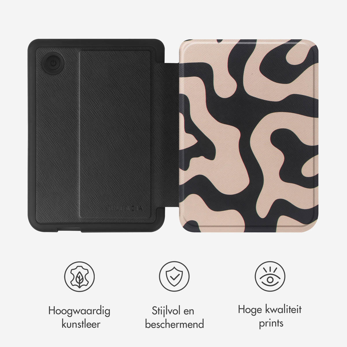 Un étui pour tablette ouvert, montrant un intérieur noir avec un extérieur beige et noir à motifs.