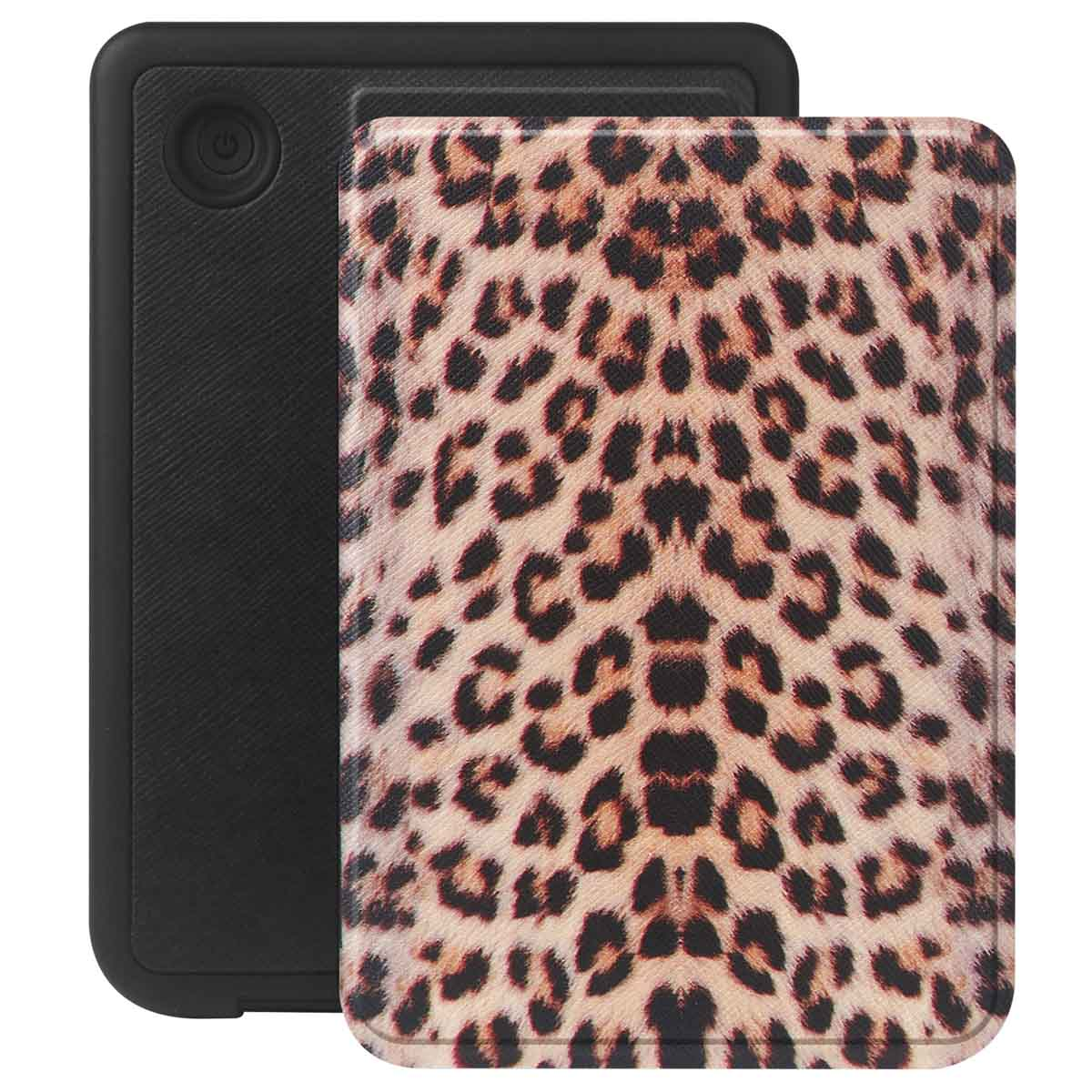 Une housse de tablette avec un motif léopard. La housse est ouverte et montre la tablette.