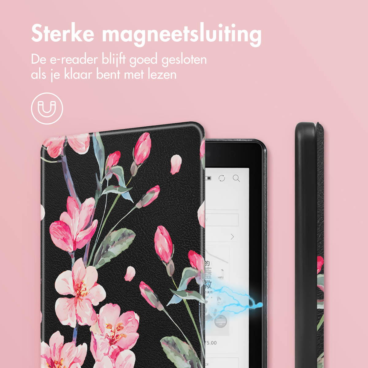 Zwarte e-reader hoes, roze bloemen design, open, met magnetische sluiting. Tekst: 'Sterke magneetsluiting'.