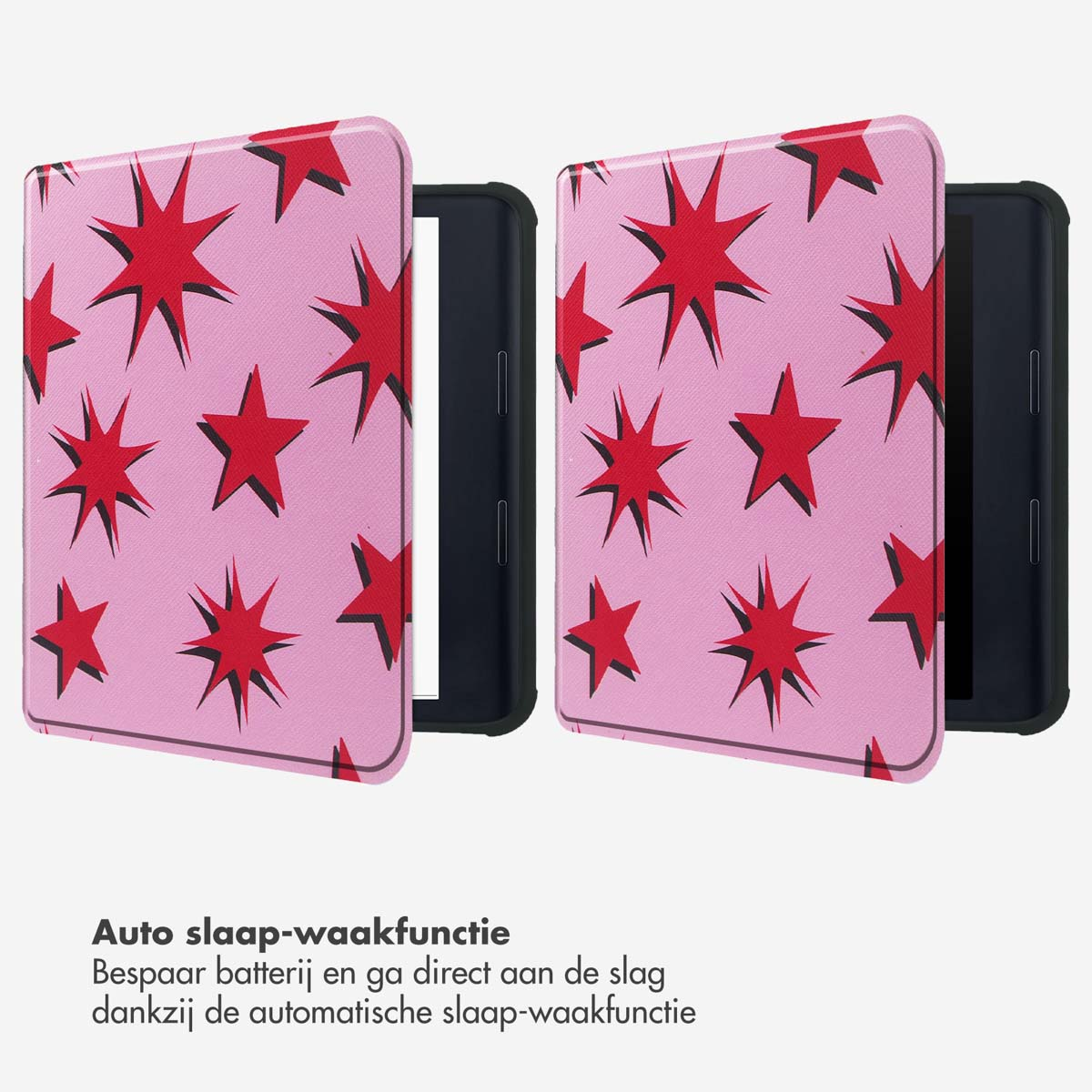 Roze e-reader cover met rode sterren, en de e-reader. Tekst: Automatische slaap-waakfunctie.