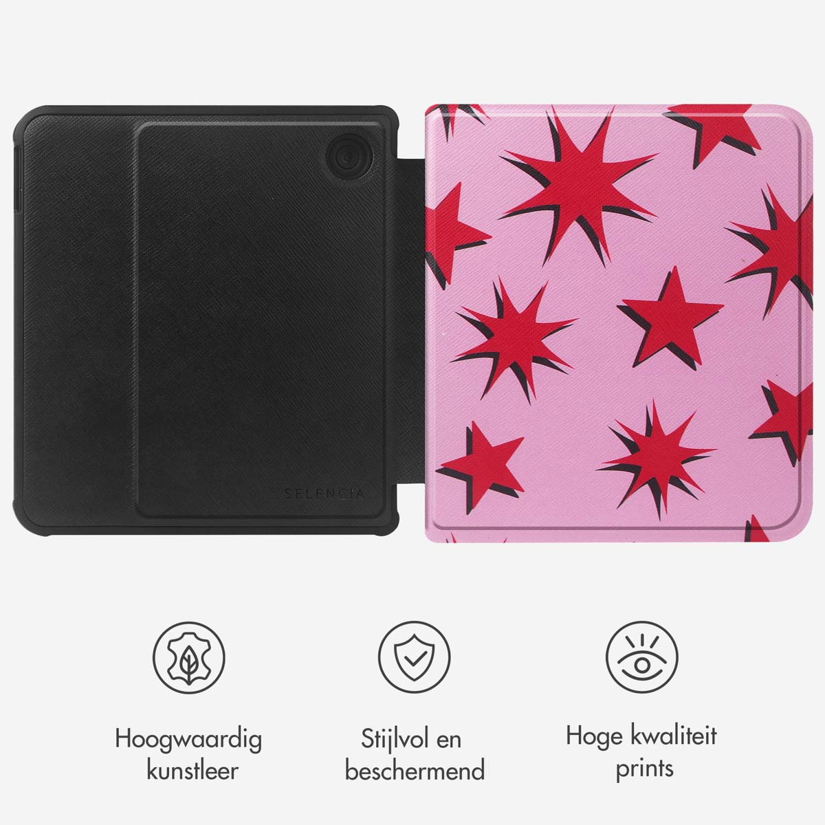 Tablethoes met rood sterrenontwerp op roze achtergrond, zwarte hoes links.