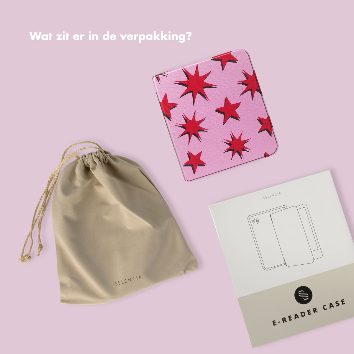 Een roze hoes met rode sterren, een beige tas en een witte doos met een e-reader illustratie.