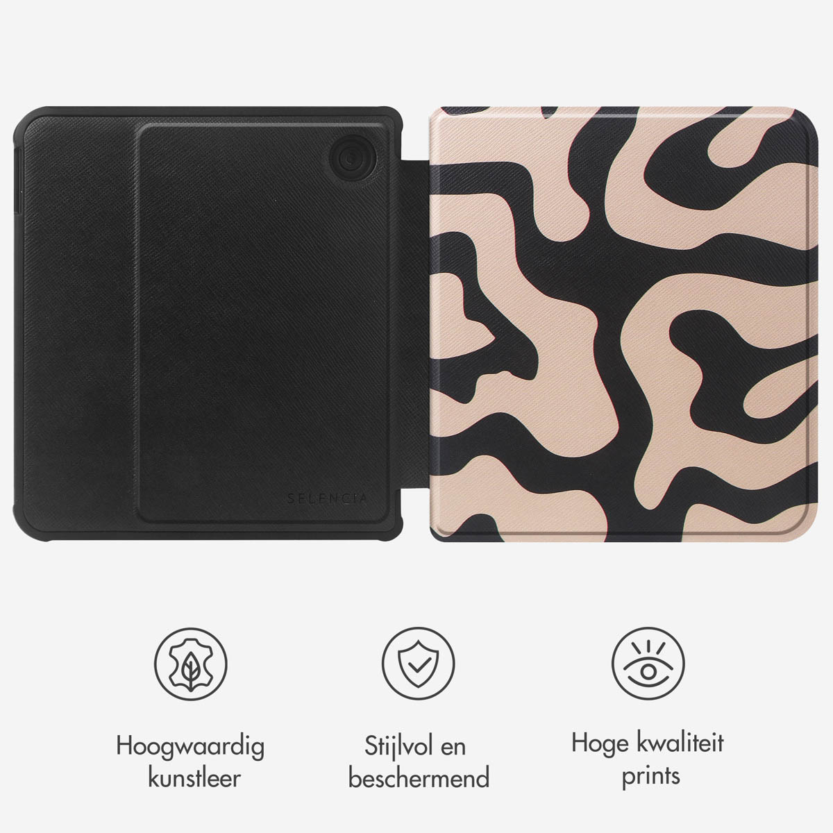 Tablethoesje open, toont zwart en beige abstract ontwerp, met Nederlandse tekst.