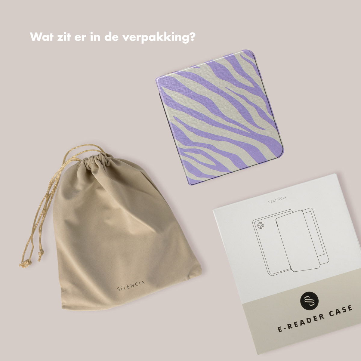 Een hoes en een tablet met een zebrapatroonhoes en een zakje naast een boek.