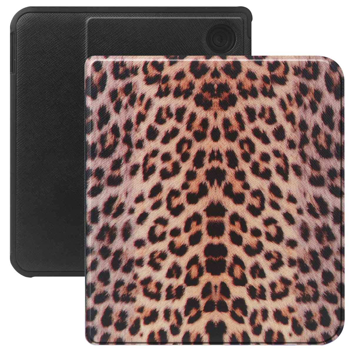 Tablethoes met luipaardprint open, zwarte hoes erachter. Tablet en hoes scherp, witte achtergrond.