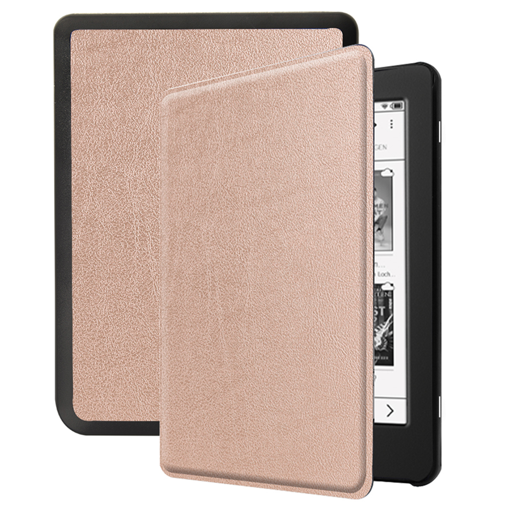E-reader in een roségouden hoes. De hoes is open. Het scherm toont tekst.