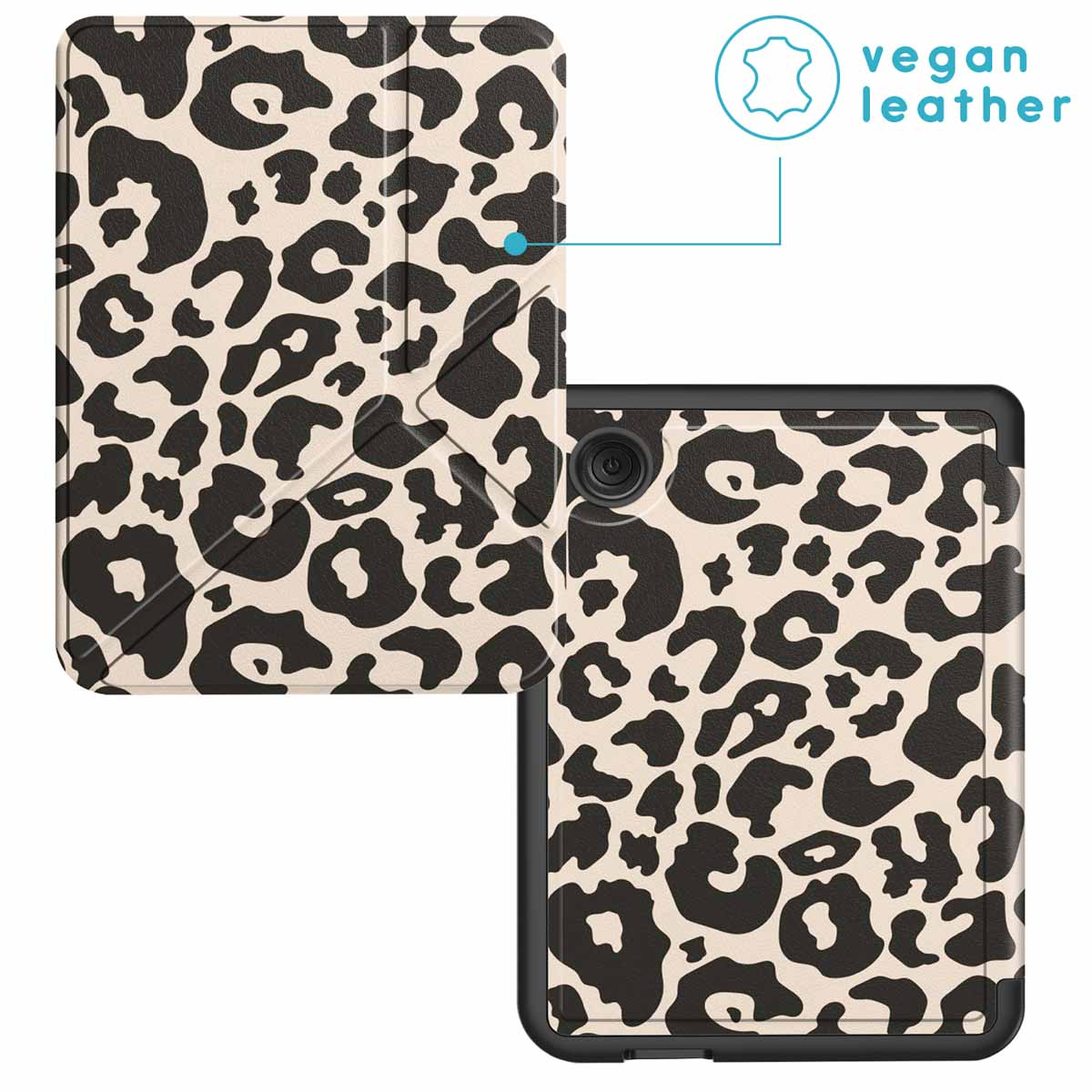 Tablethoes met luipaardprint. Vegan leer. Zwarte en bruine vlekken. Open en gesloten weergave.