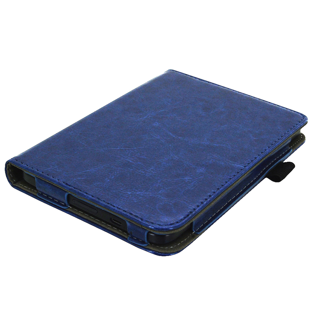 Blauwe tablethoes. Gesloten, leerachtige textuur. Zwarte randen en een zwarte riem.