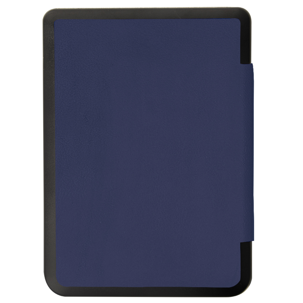 Een marineblauwe e-reader hoes gesloten, met de achterkant van de e-reader.