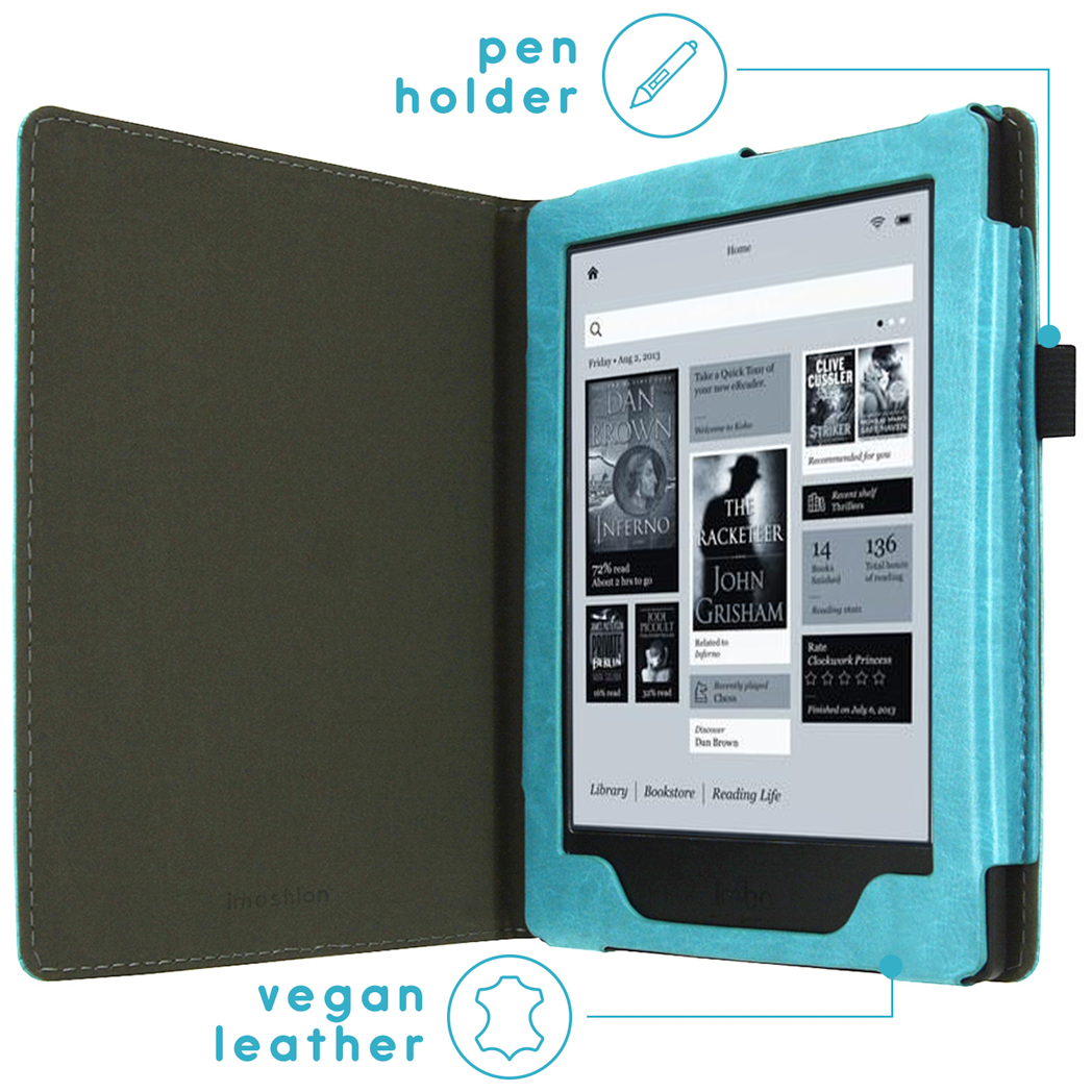 E-reader in een teal hoesje. Het scherm toont een pagina uit een boek. Vegan leer is aangegeven.